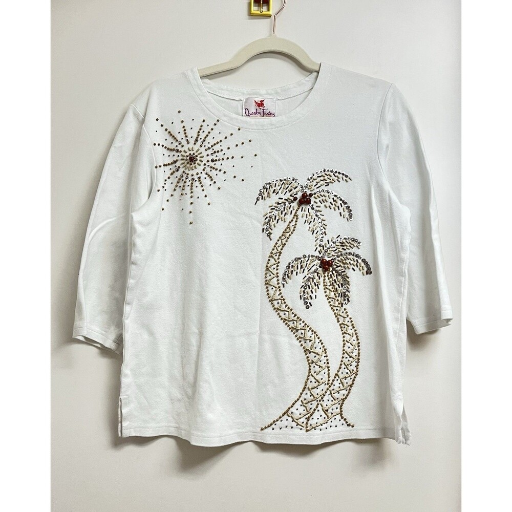 Quacker Factory Women White Palms Beads Embroidered Sequins Sleeve Top Size M